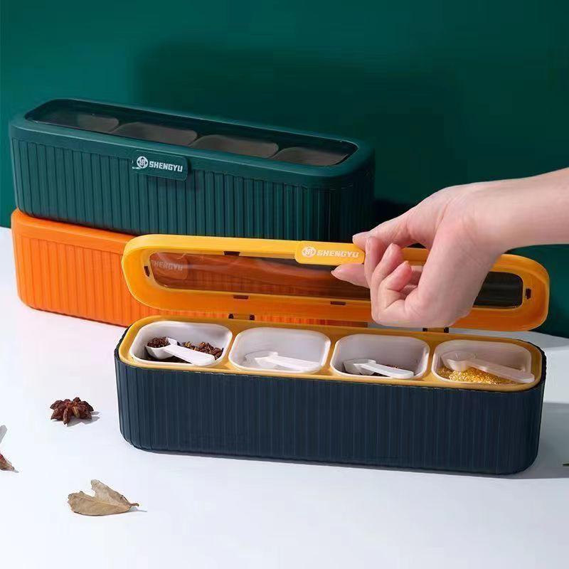 Seasoning Box, Set of 4 Crystal Seasoning Storage Container with Spoon Seasoning Rack Spice Pots for Pepper Spice Kitchen tools 27.5x7.5x8 синий