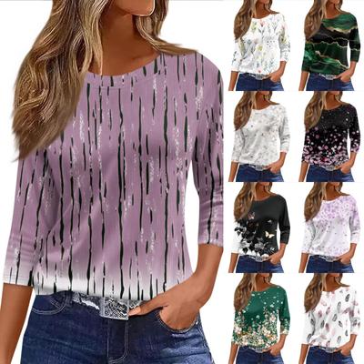 Women's Three-Quarter Sleeve Shirt, Round Neck, Loose Fit, Casual Shirt, Floral Print T-Shirt, Summer
