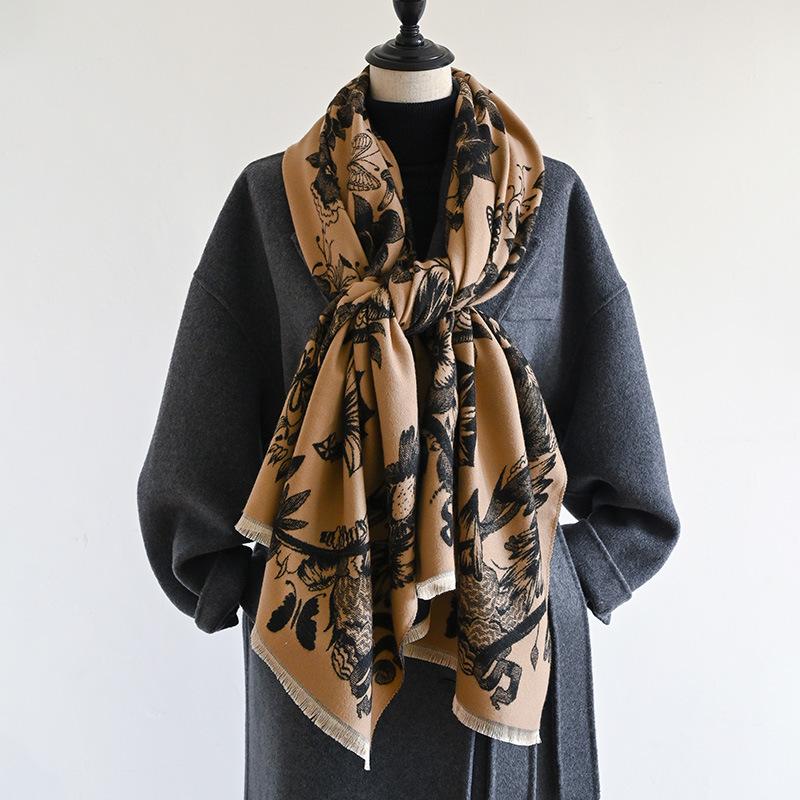 Autumn And Winter Flowers Linger With Butterflies, Simple Women'S Imitation Cashmere Warm Scarf, Versatile Long Shawl Cape