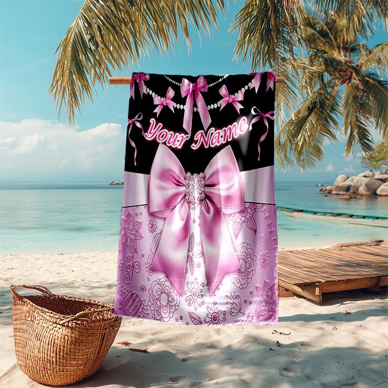 1PC Custom Name Pink Bow Elegance Beach Towel Highly Absorbent And Sand-Resistant Towel for Swimming, Pool, Yoga, And Travel Lightweight