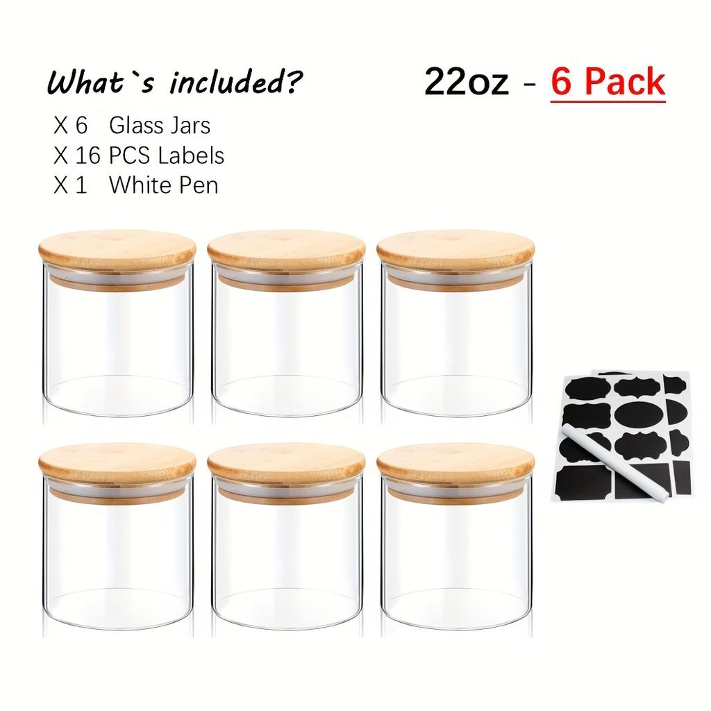 22oz Set Of 6 Glass Jars With Airtight Bamboo Lids Glass Kitchen Canisters Clear Container For Food Storage Of Dry Goods Cookie