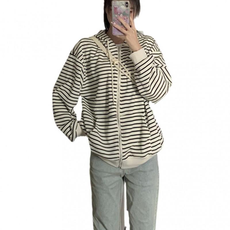 Womens Striped Hooded Zip Sweatshirt Loose Casual Long Sleeve Top Fall Winter