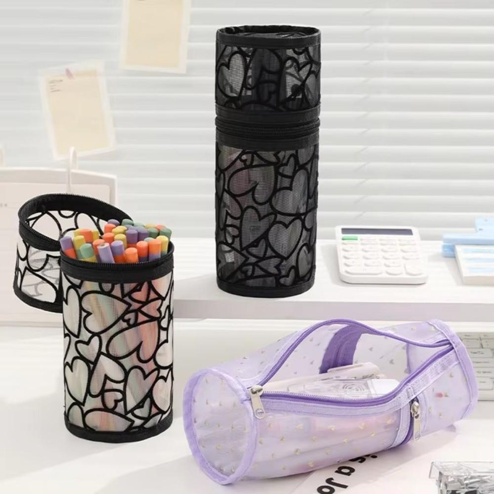 Portable Large Capacity Mesh Pencil Case Multifunctional Love Transparent Cosmetic Pouch