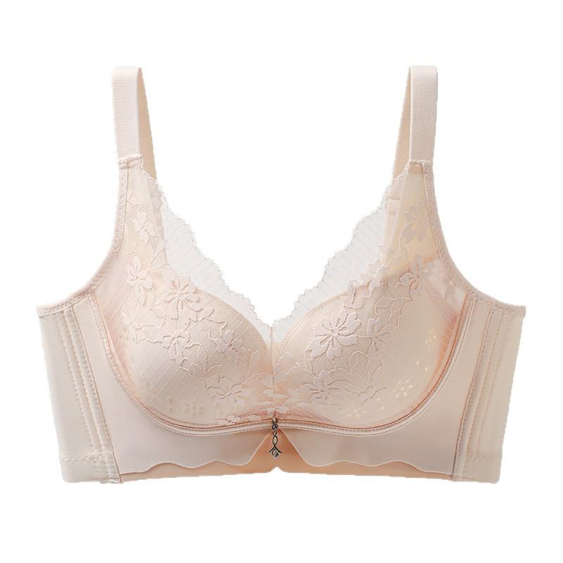 Breezy Light Luxury Lace Perforated Cup Bra, Lightweight Breathable Push Up Side Gathering Women Bra
