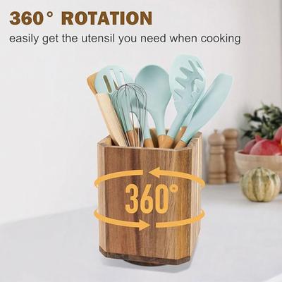 Wood Utensil Holder Rotating Countertop Organizer with Non-Slip Base Large Capacity Kitchen Utensil Organizer for Spatulas Spoons Ladles Cooking Tools