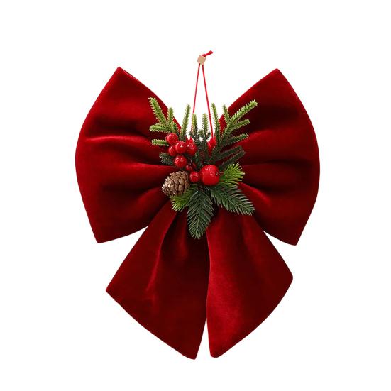 Velvet Ribbon for Christmas Wreaths Bow, Burgundy Red Hanging Bow Ornament with Versatile Garland Decorations Berries Pine Cones Holiday Tree