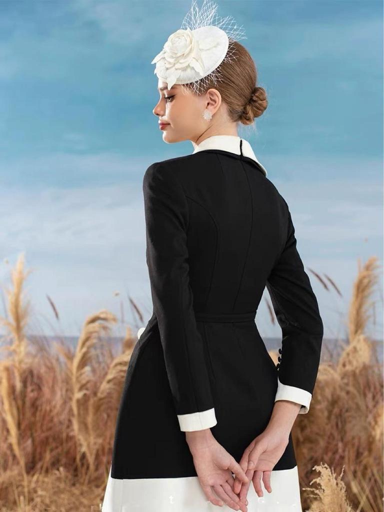 Vietnamese Embroidered Black & White Asymmetrical Neckline Dress 22289