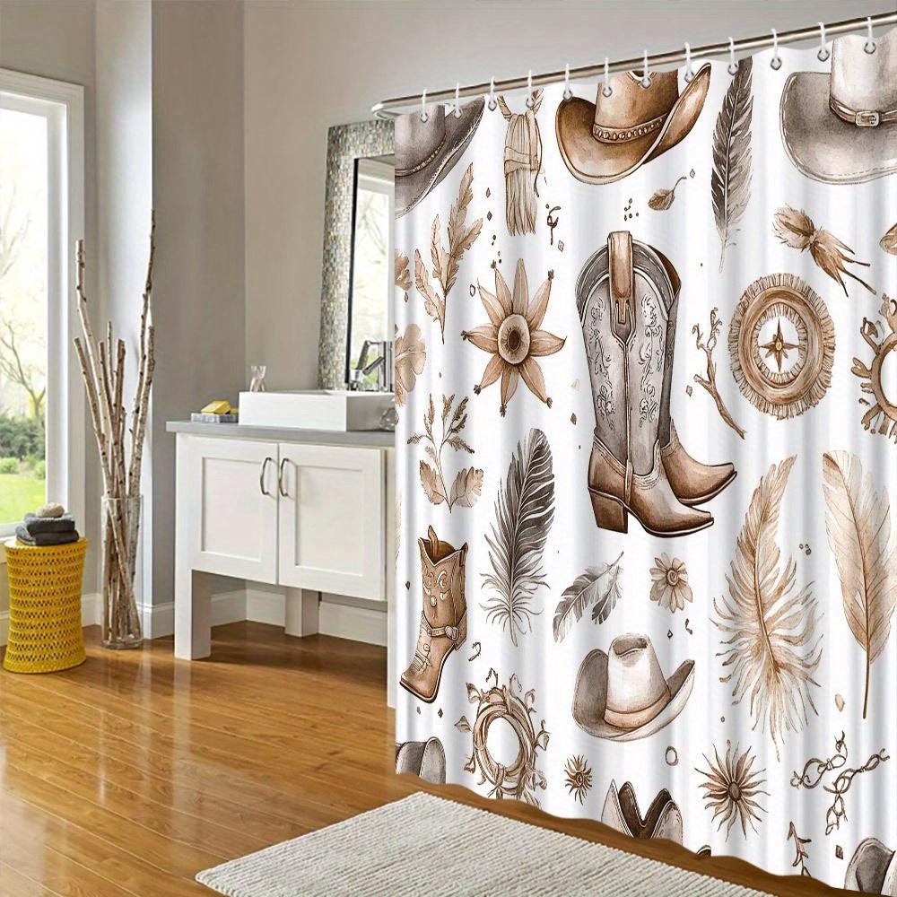 Western Watercolor Shower Curtain - Cowboy Boots, Hat & Accessories, White Background, Brown & Beige Illustrations, 12 Hooks