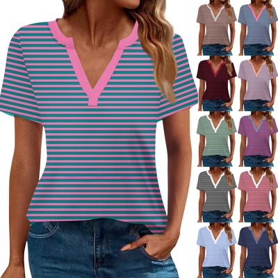 Women's Summer Striped Short Sleeve V Neck Shirt Business Casual Loose T-Shirt Trendy Fashion Clothing Tops