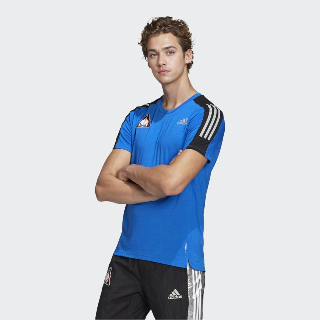 Adidas Logo Print Contrast Shoulder Crew Neck T-Shirt Men Tops Blue GP5804