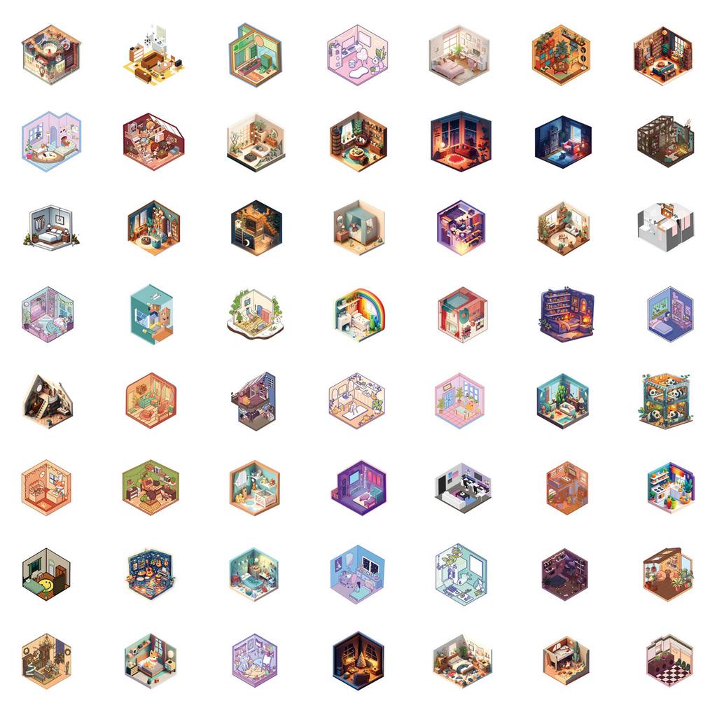 55 New Lsometric Room Graffiti Stickers Decorate Laptop Suitcase Mobile Phone DIY Stickers
