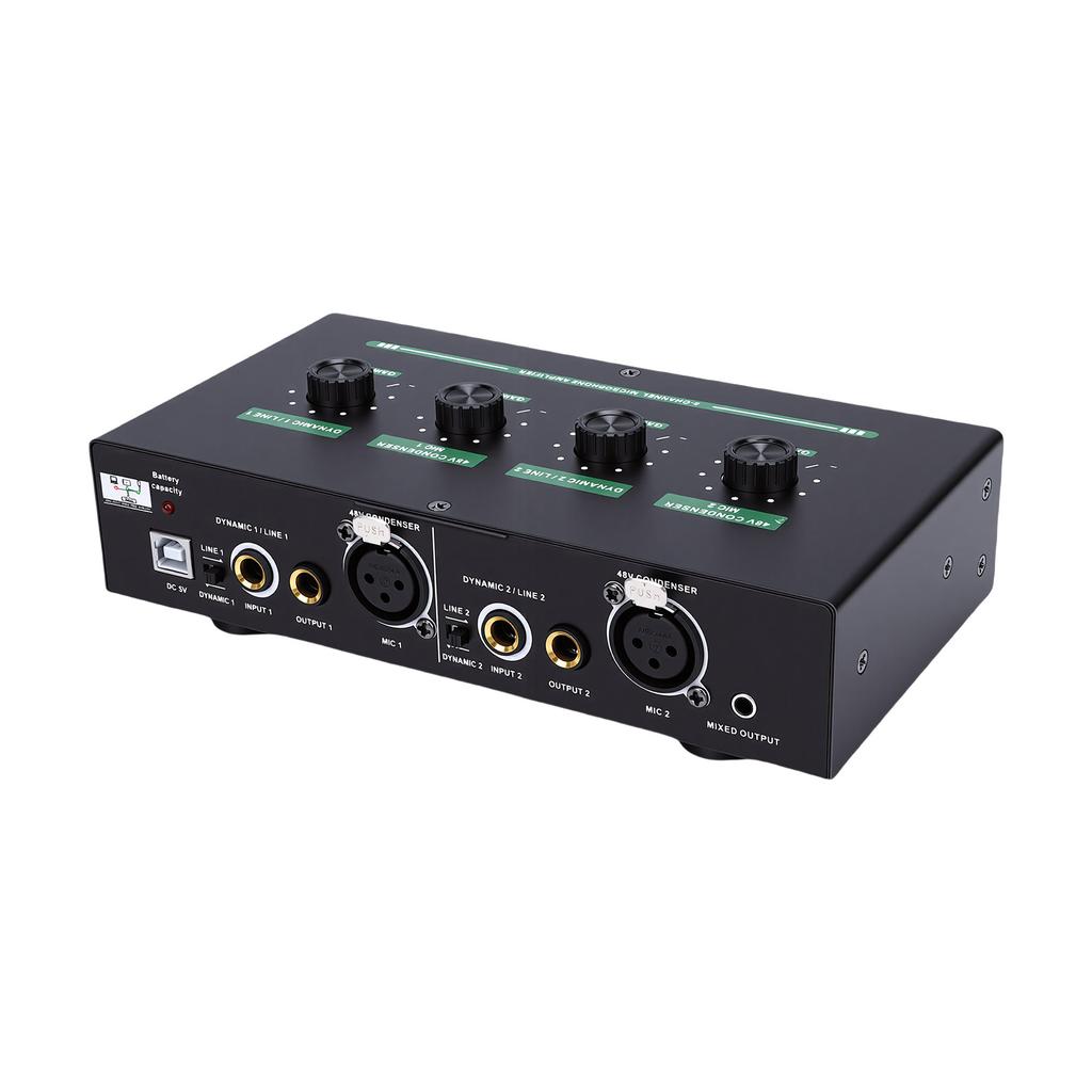 2 Channel Microphone Sound Interface Amplifier with Reverb 2 Input 48V Phantom Power Rechargeable Compact Design for