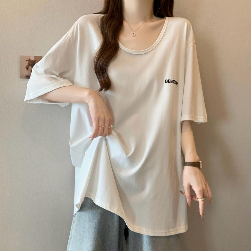 Plus Size Embroidered U-Neck Short-Sleeve T-Shirt - High-End Niche 3XL белый