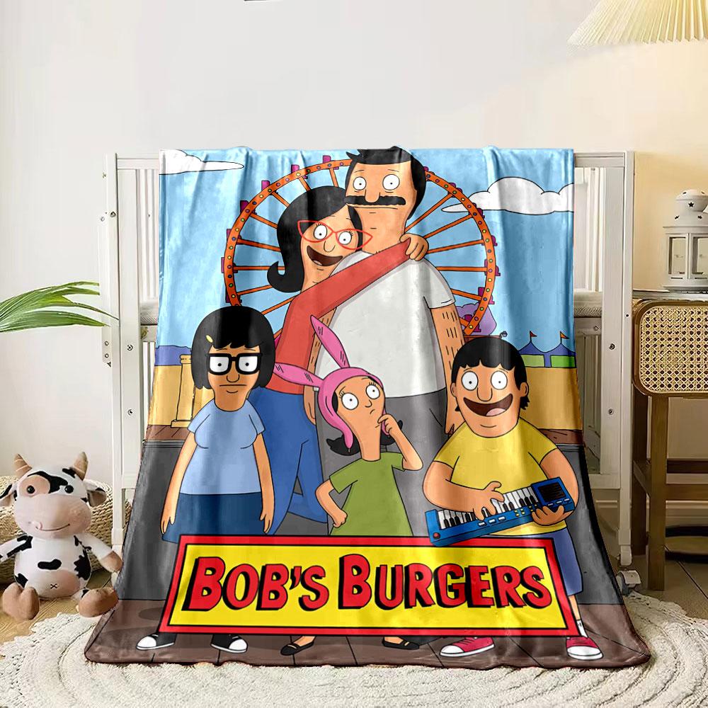 A cheerful animated family stands together by a pier with a ferris wheel. for all seasons blanket lunch break throw gift 80cm x 120cm