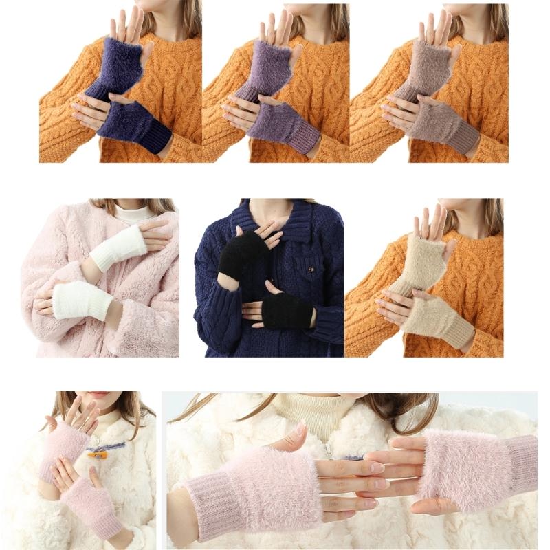 Winter Plush Gloves Stretchy Mittens Adult Knitted Solid Color Half Finger Gloves Knit Gloves for Cold Weather Cycling