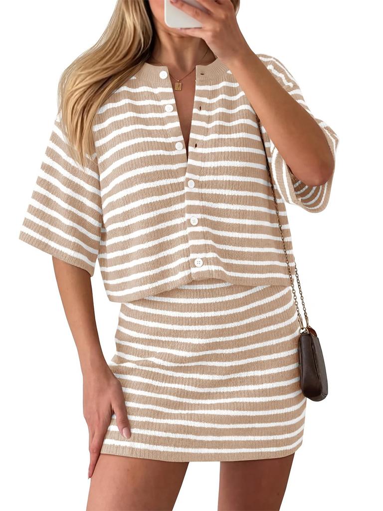 Women's Striped Knit 2 Piece Outfit Short Sleeve Button Cardigan and Mini Skirt