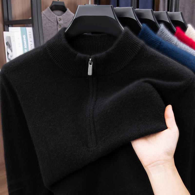 Herren Kaschmir Pullover mit halbem Reißverschluss, dicke Wolle, Langarm, Winter Baselayer