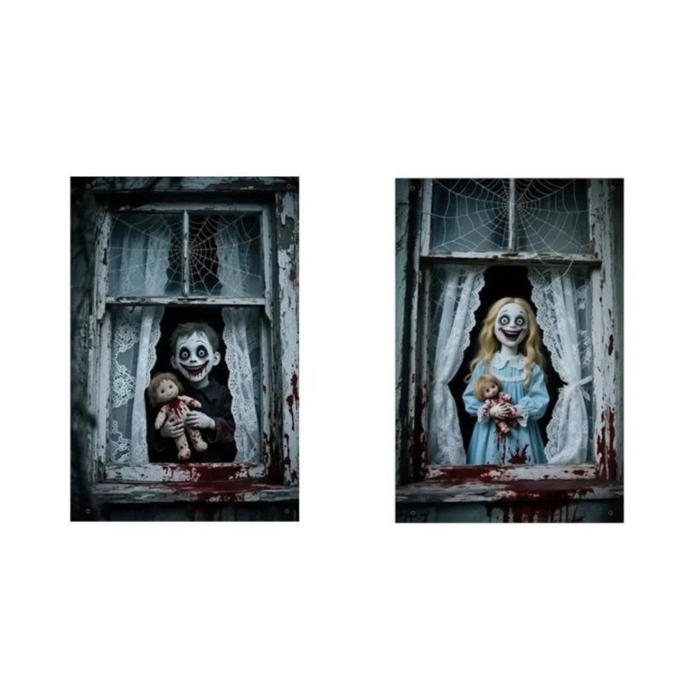 2PCS 2D Flat Scary Halloween Window Cover Super Terrifying Blood-Themed Scary Halloween Backdrops Polyester Fiber
