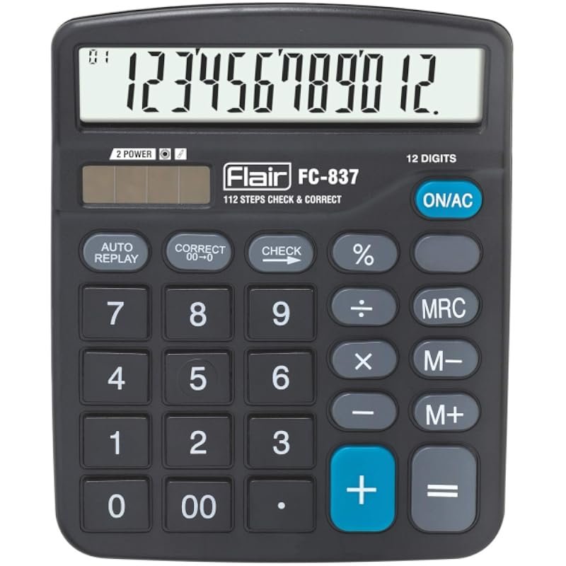 Flair Fc-837 Desktop Series Calculator | 12 Digits Calculator | Dual Power With Solar | Auto Replay With Big Display | S