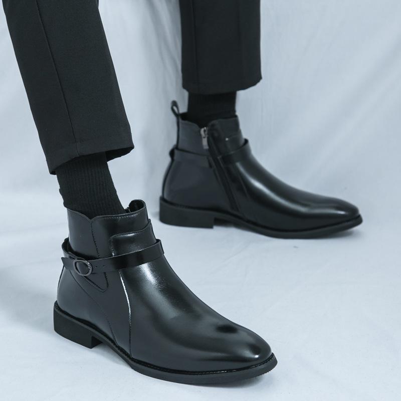 Men s Plus Size Chelsea Boots: British Style High-Top Side Zip Mid-Calf Leather Shoes 43 чёрный