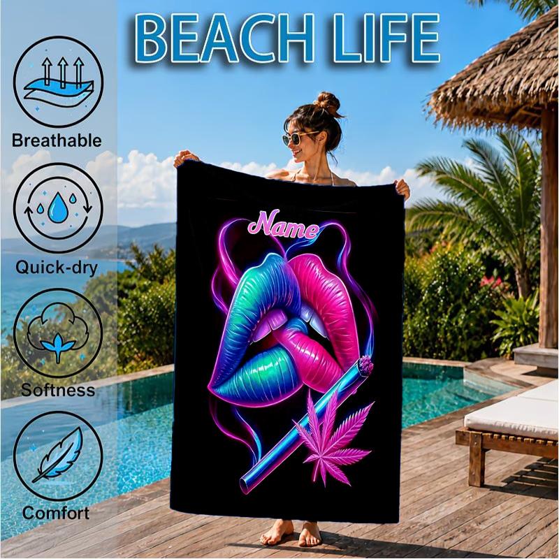 Custom Name Red Lips Art Beach Towel Microfiber Beach Towel, Lightweight and Quick-Dry, for Summer Travel, Swimming Pool Gift