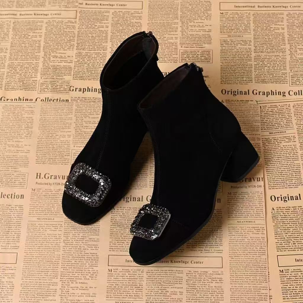 Coarse Heel Short Boots Women's New Autumn and Winter Elastic Thin Boots French Square Heel High Heels Small Ankle Boots Martin Boots