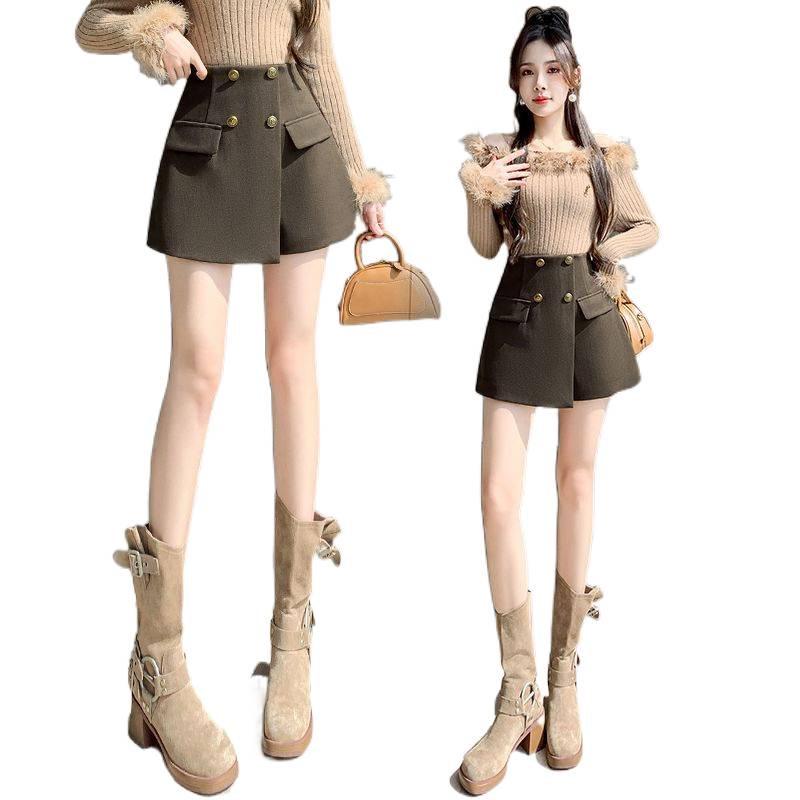 Women's 2026 Autumn/Winter High-Waist Wool Suit Skirt Pants - Double-Breasted, Wide-Leg Slimming Shorts