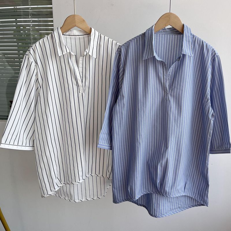 

S2-26 Spring/Summer K-style Elegant Loose Tummy Hiding Slimming Vintage Striped Shirt Half-Open Collar 3/4 Sleeve Shirt H2 White M