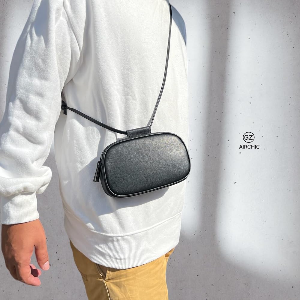 [INDY] [AIRCHIC] Genuine Leather Shoulder Pouch, Mini Bag, Smartphone Shoulder Bag, Unisex, Simple, Minimalist (Black)
