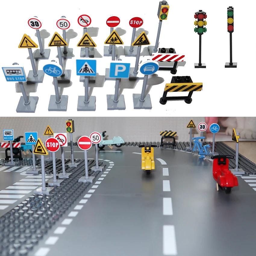 Non-Toxic Moc City Traffic Lights Road Signs Roadblock Signal Light Speed Limit Diy Building Block Scene Construction Minifigs Accessories