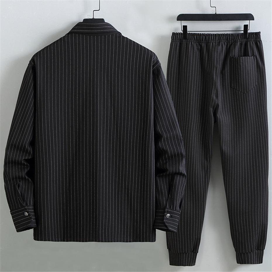 Men's Stripe Sets Plus Size 10XL 11XL Cargo Shirts Pants Male Spring Autumn Suits Fashion Casual Jacket Sets Big Size