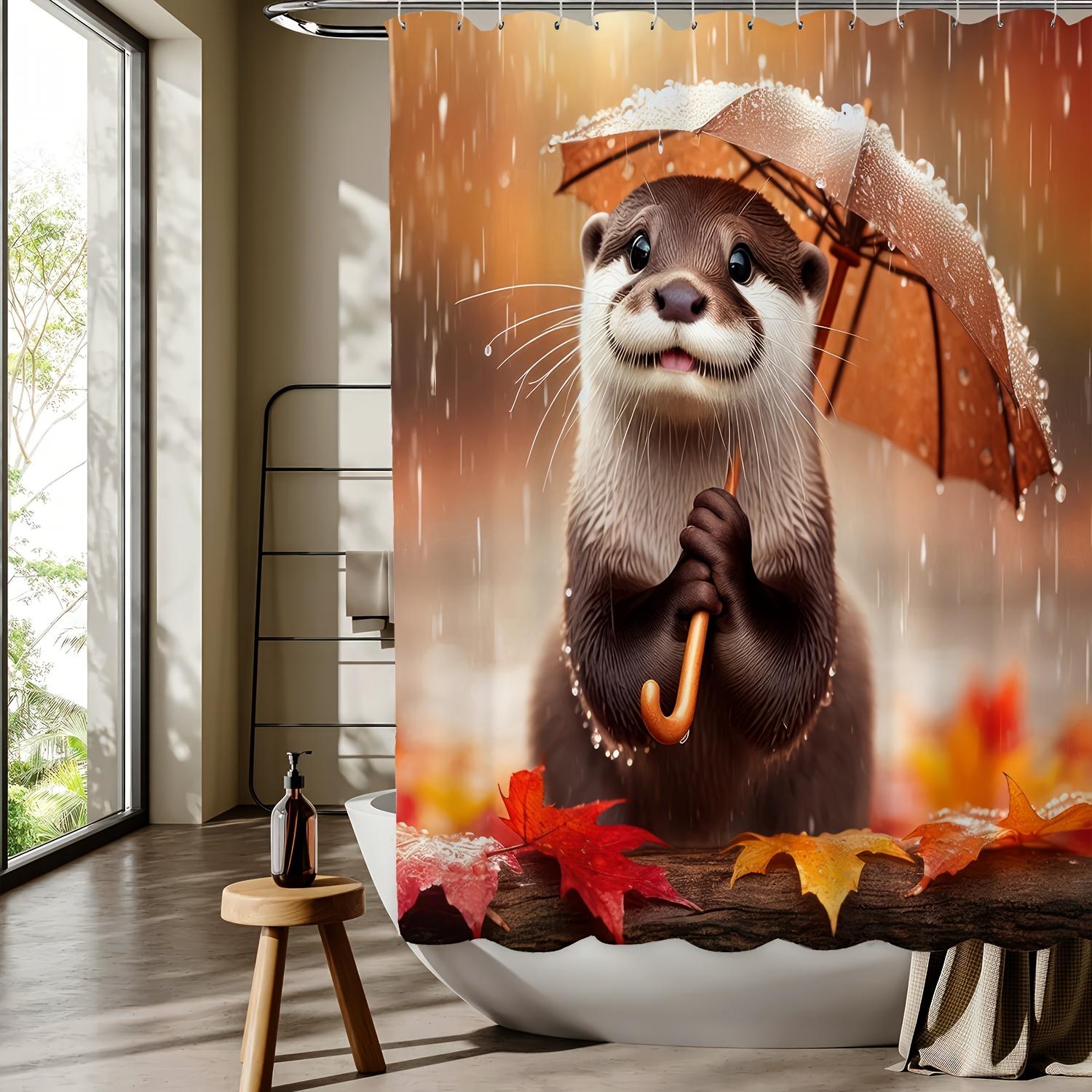 

Otter In Rainy Autumn Shower Curtain With Umbrella - Cute Otter Design, Digital Print, Reversible For All Seasons W60H190(CM)-1 Pcs