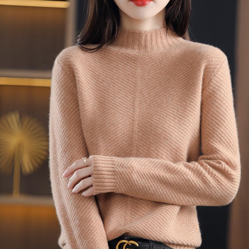 

Осень и зима новый свитер с полувысоким воротником утолщенный простой однотонный диагональная полоска приталенный и стройнящий вязаный базовый свитер average size