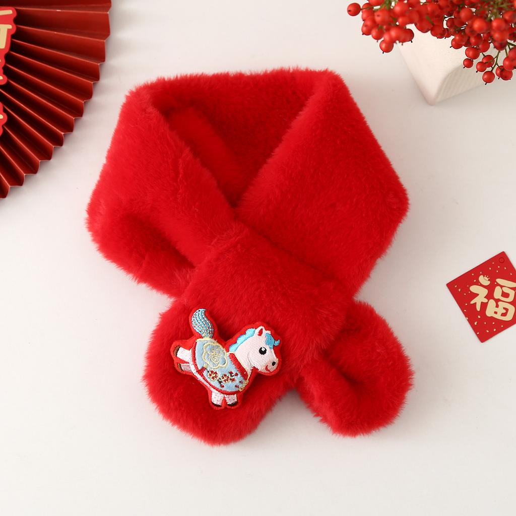 Autumn Winter Children's Scarf Chinese Style Zodiac Animals Red Scarf Cartoon Pony Plush Neck Warm Scarves New Year Gift