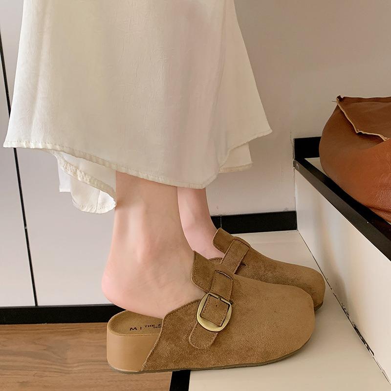 Leather thick-bottomed cool slippers spring and summer new retro casual flat-bottomed bag head half slippers women