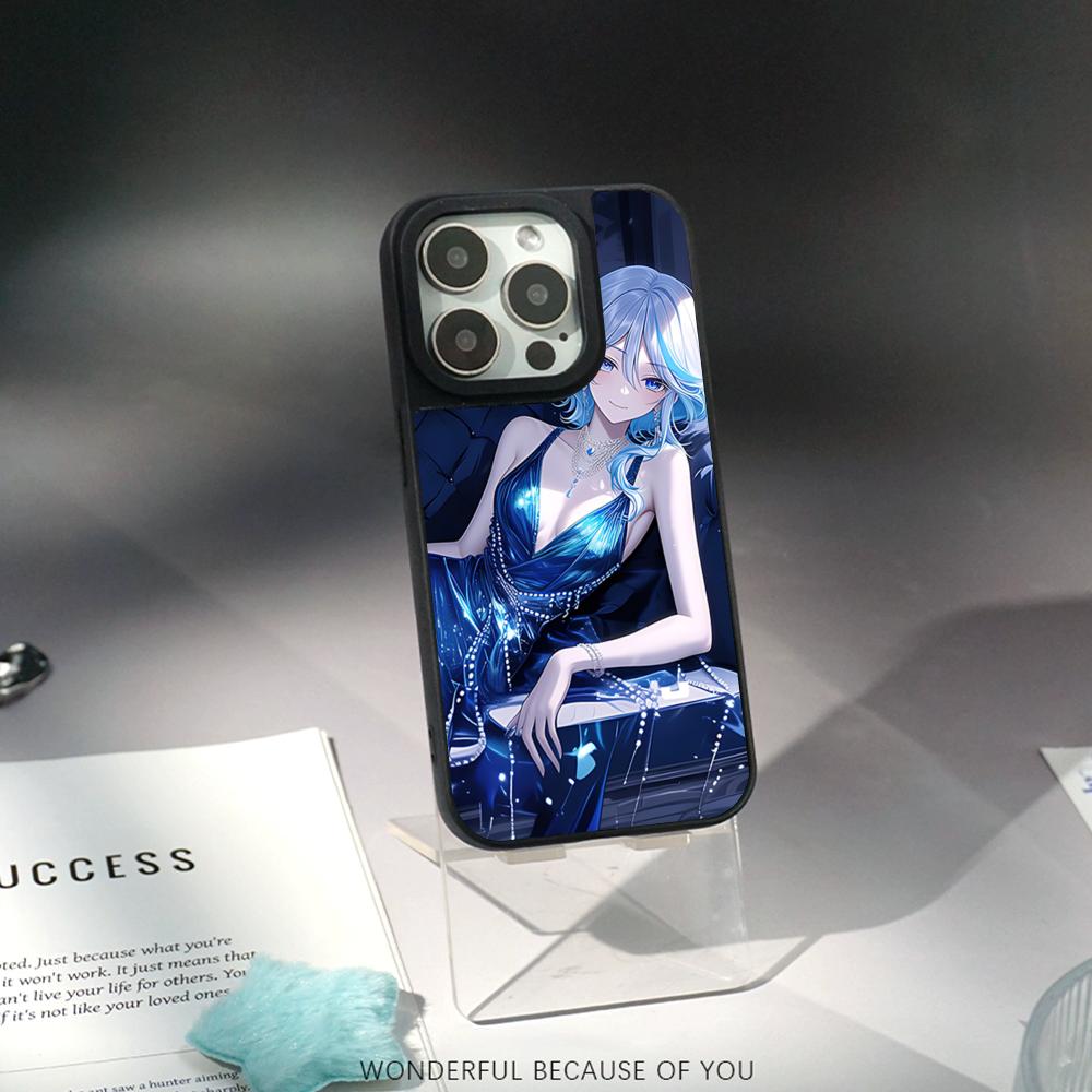 

Genshin Furina game girl pattern Phone Case for iPhone 17 16 e 15 14 13 12 Pro Max Sheepskin Silver-edged protective case iPhone 14 Plus