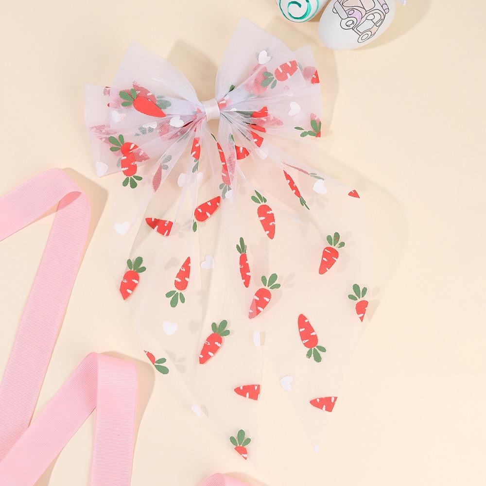 Cute White Mesh Easter Bunny Hair Accessories Rabbit Carrot Print Nonslip Bunny Hair Clip Long Ribbon Hairpin Easter Decorations