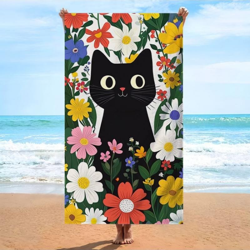 Floral Cat Beach Towel Black Cat Surrounded by Colorful Flowers Bath Towels Soft Microfiber Fabric Unisex Oversized Towel for W40*H60(CM)