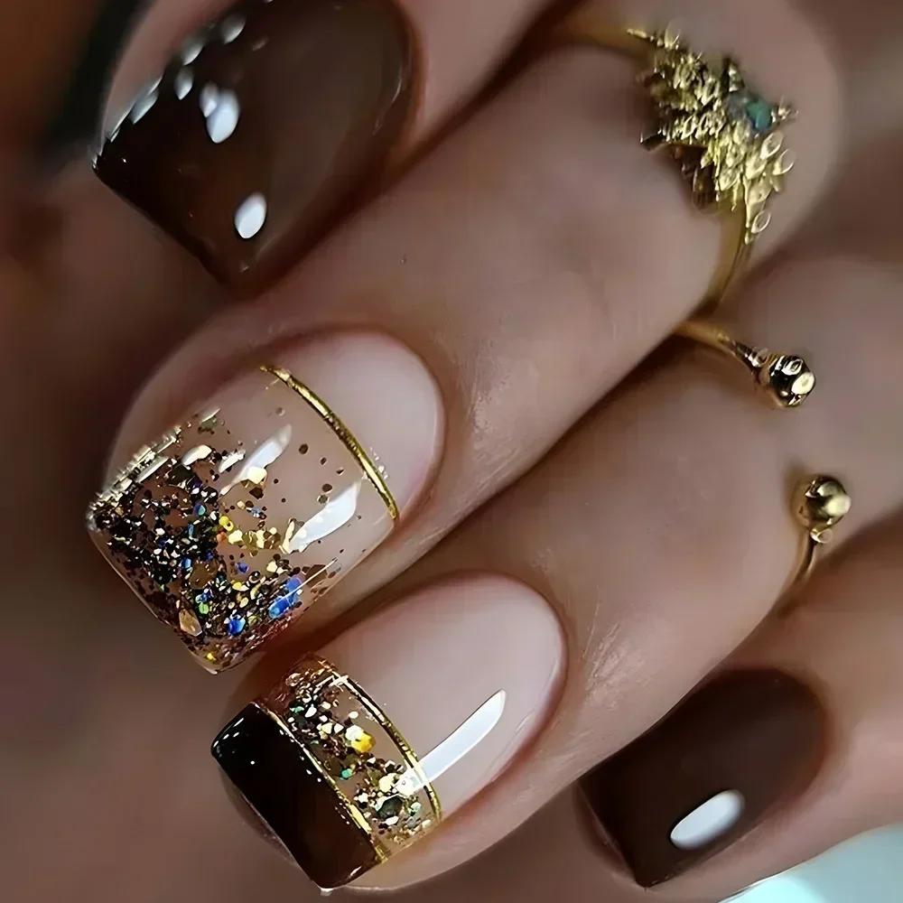 24pcs Short Square Press On Nails Jade Flower Sparkling Powder Designs Fake Nails with Glue Green Gradient Full Cover Nail Tips