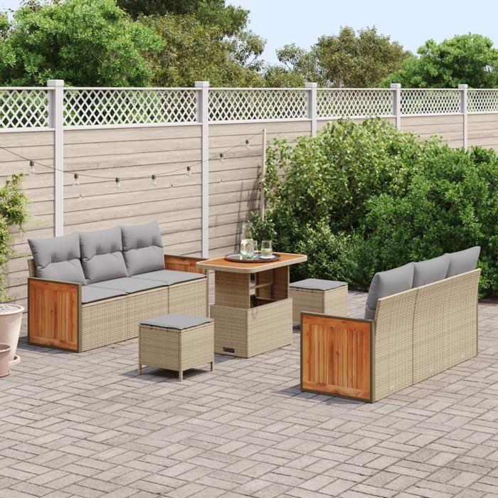 Ensemble de Canapé de Jardin vidaXL de 9 Pièces avec Coussins en Rattan Polybeige et Acacia, Canapé de Jardin 2 Places 3363262