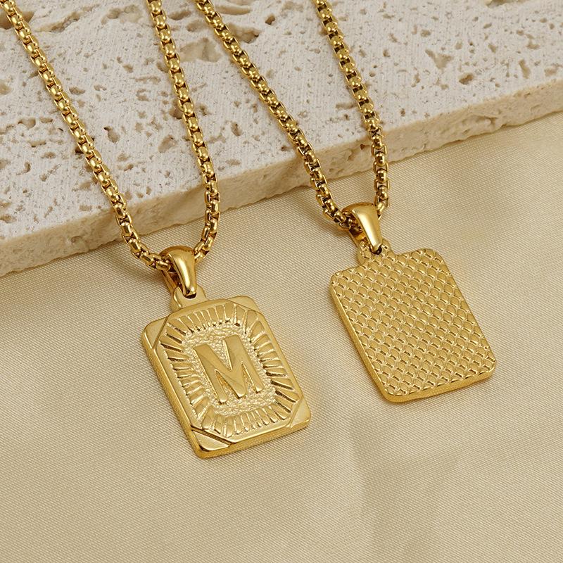 Unisex 18K Titanium Steel A-Z Letter Pendant Necklace with Square Pearl Chain