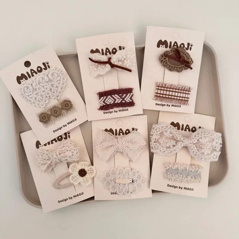 Lace Bow Press Clip Beige Coffee Color Bowknot Floral Hairpin Sweet Princess Baby Headwear Hair Clip