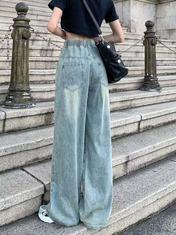 Elastic Waist Retro Style Baggy Jeans, Loose Fit Slant Pockets Washed Wide Legs Jeans, Women's Denim Jeans & Clothing