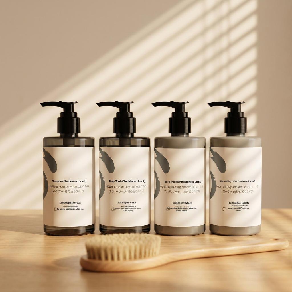 Hotel Guest Room Disposable Sandalwood Shampoo & Shower Gel Set, 300ml - Travel Refillable
