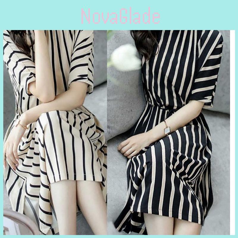 Elegant Women Fashion Summer A Line Stripe Midi Dress In Plus Size For The Stylish You