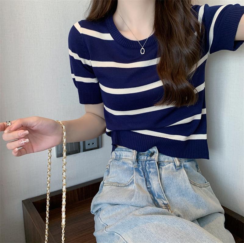 Tenké retro pruhované pletené tričko s kulatým výstřihem a krátkým rukávem, letní topy, dámské ležérní, základní pohodlí a styl, slim fit svetry, trička
