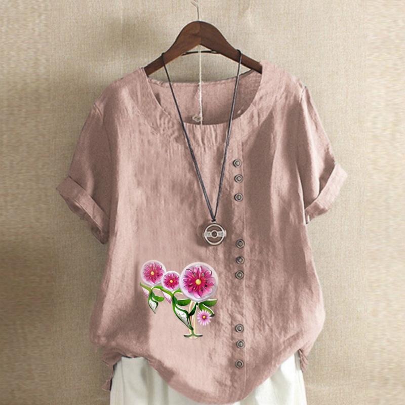 Women's Fashion Flowers Prined Short Sleeve T-shirt Loose Cotton Shirt Casual Loose Summer Blouse Tops