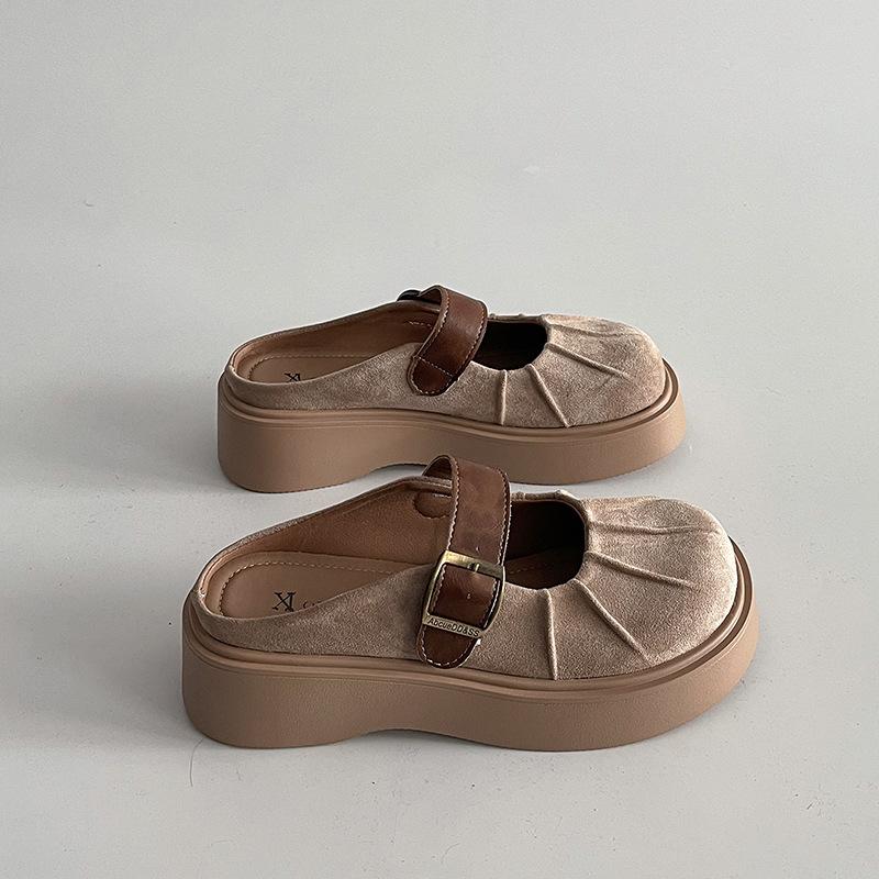 Belt Buckle Retro Thick-soled Bag Head Slippers Women's 2025 Spring and Summer New Outer Wear Heightening Half Slippers Lazy Shoes Trend