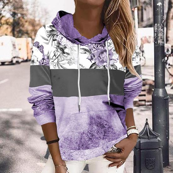 

Женская толстовка с цветочным принтом и цветными блоками, толстовка с капюшоном и шнурком, карман и длинный рукав, свободная посадка, повседневный пуловер, топы, уличная одежда