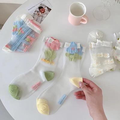 Summer Ultra-thin Breathable Flower Lace Socks Women Girls Transparent Silk Socks Harajuku Sweet Girls Crystal Transparent Socks